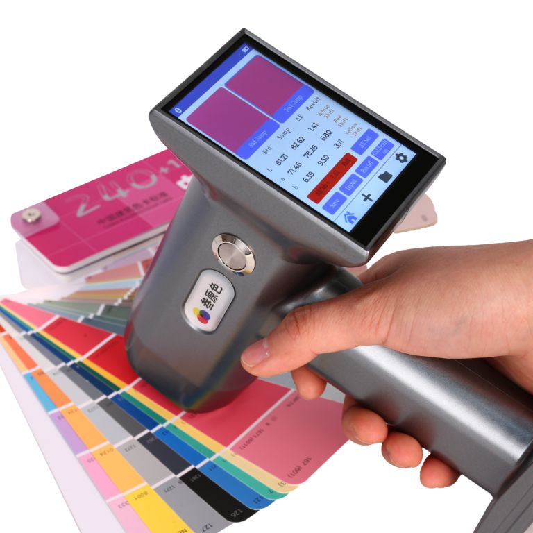 Sanyuanse handheld spectrophotometer replacing traditional color cards, displaying real-time CIE Lab color difference results directly on screen